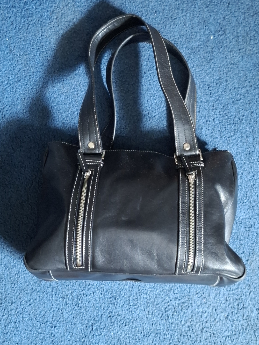 Black Leather Duffel Tote with Dual Zip Accents